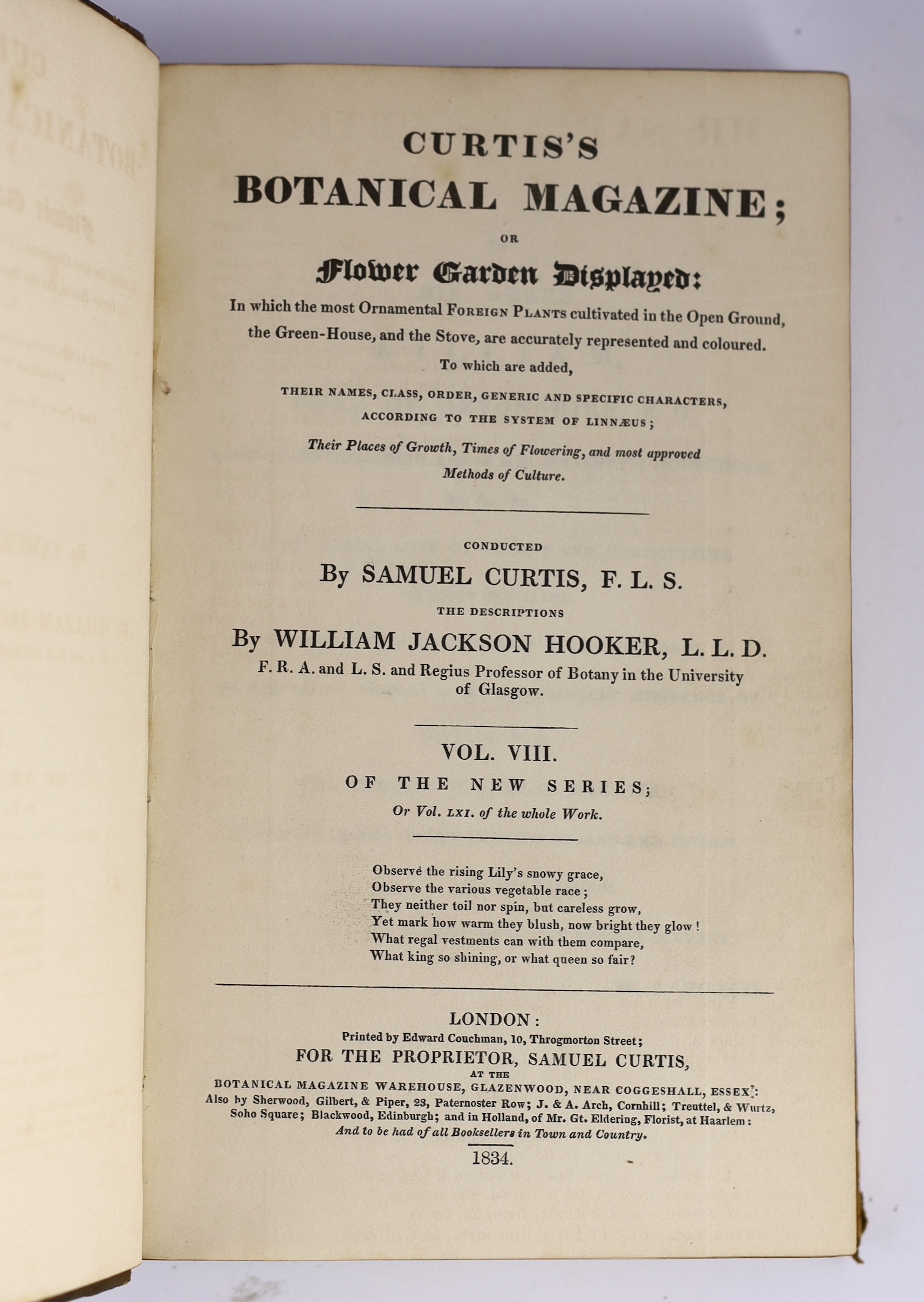 Curtis, William - A Botanical Magazine; or, Flower-Garden Displayed ... vols. IV, XI and XII (bound together), XIII and XV; New Series vol. VIII; Third Series vols. XII, XIV, XVI and XXIII. (10 vols).